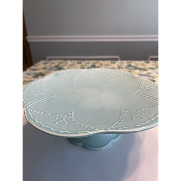 Maioliche Jessica Italy Ceramic Cake Stand Blue Scalloped Pedestal 10.75” - Picture 2 of 15